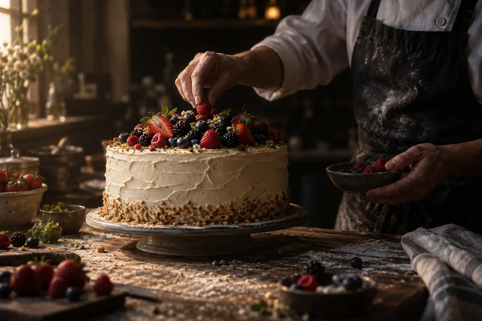 Pastelero colocando frutos rojos sobre una tarta de encargo