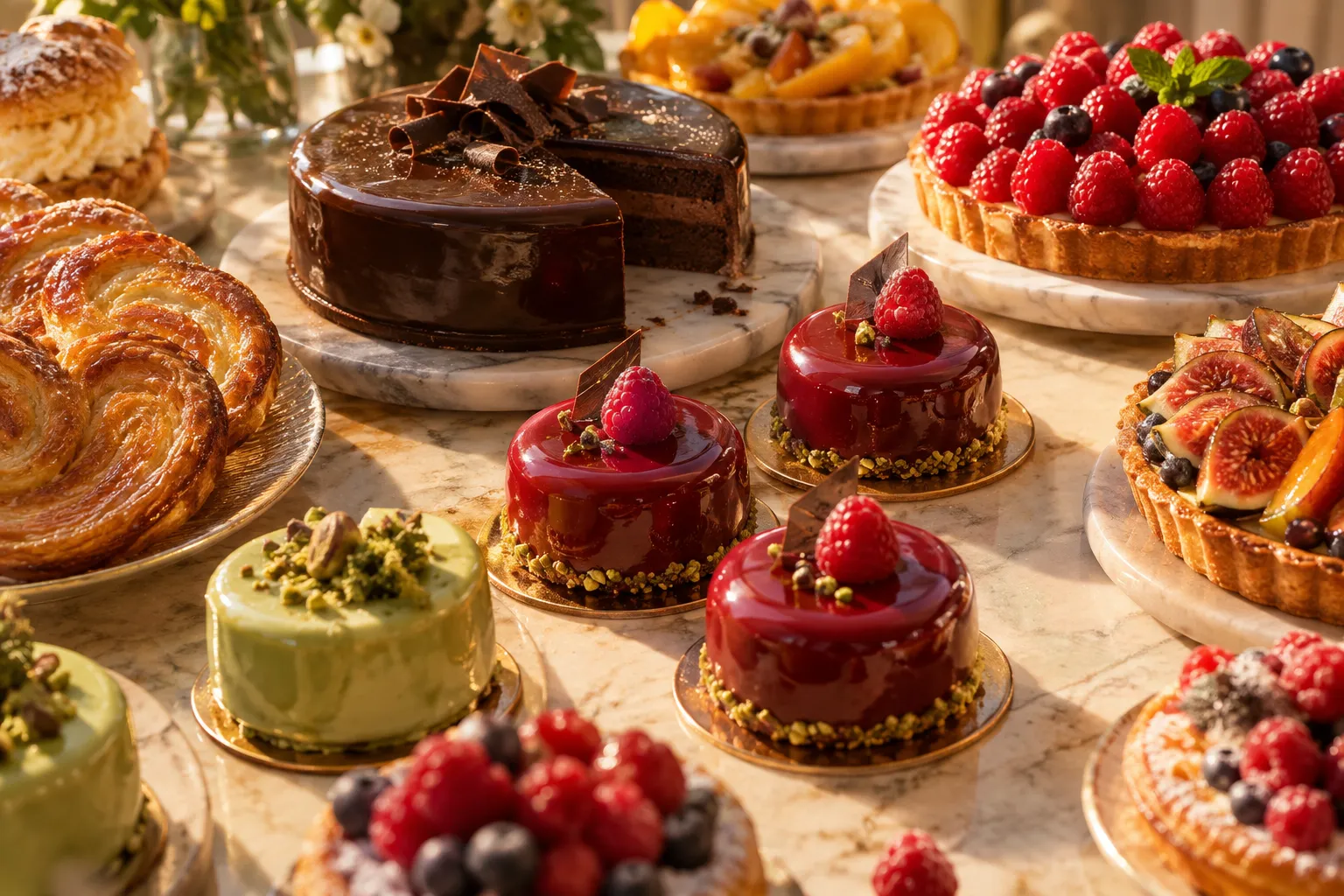 Pasteles de Güerri sobre mármol: sacher, mousse de pistacho, tartaletas de frambuesa y palmeras de hojaldre